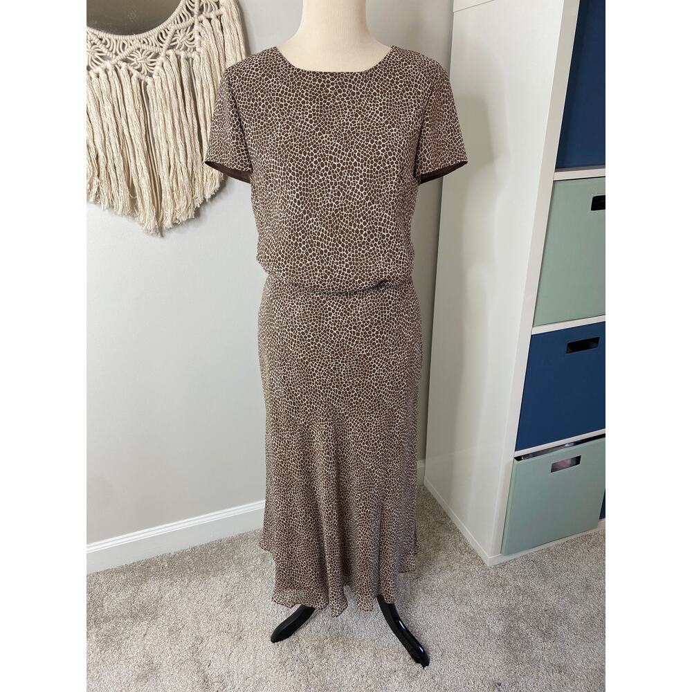 Womens Talbots 100% Pure Silk Brown Tan Neutral Giraffe Animal Print Skirt Set 8
